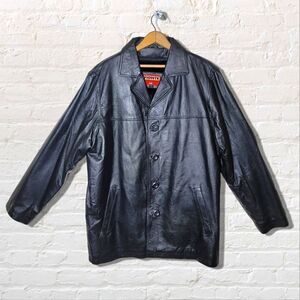Fiontè Italy Black Leather Button-Up Coat w/ Faux Fur Lining